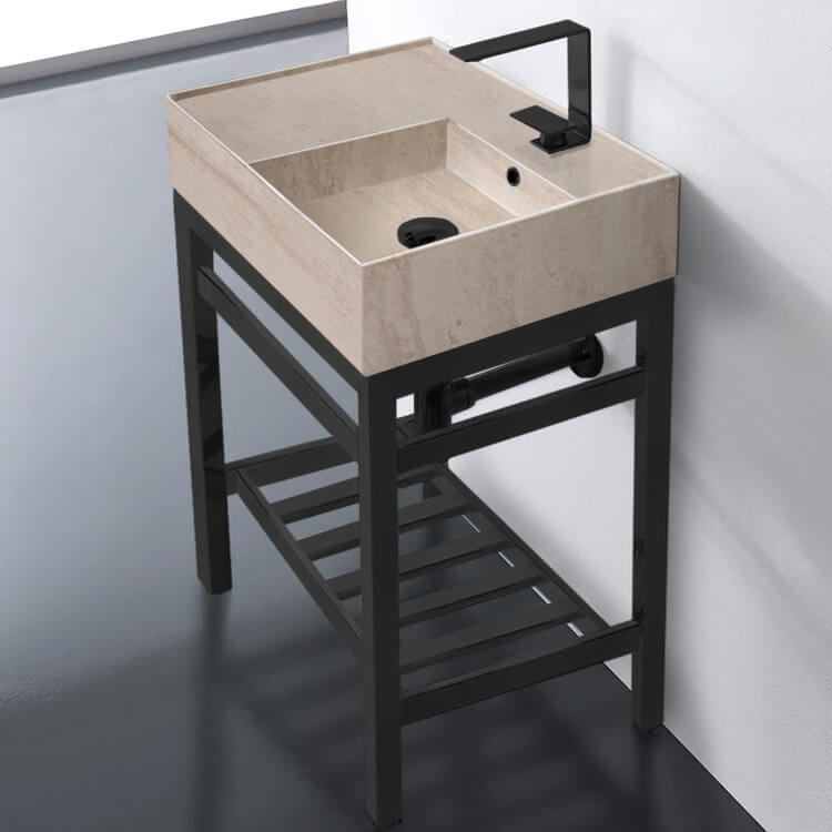 Scarabeo 5117-E-CON2-BLK-One Hole Modern Beige Travertine Design Ceramic Console Sink and Matte Black Base